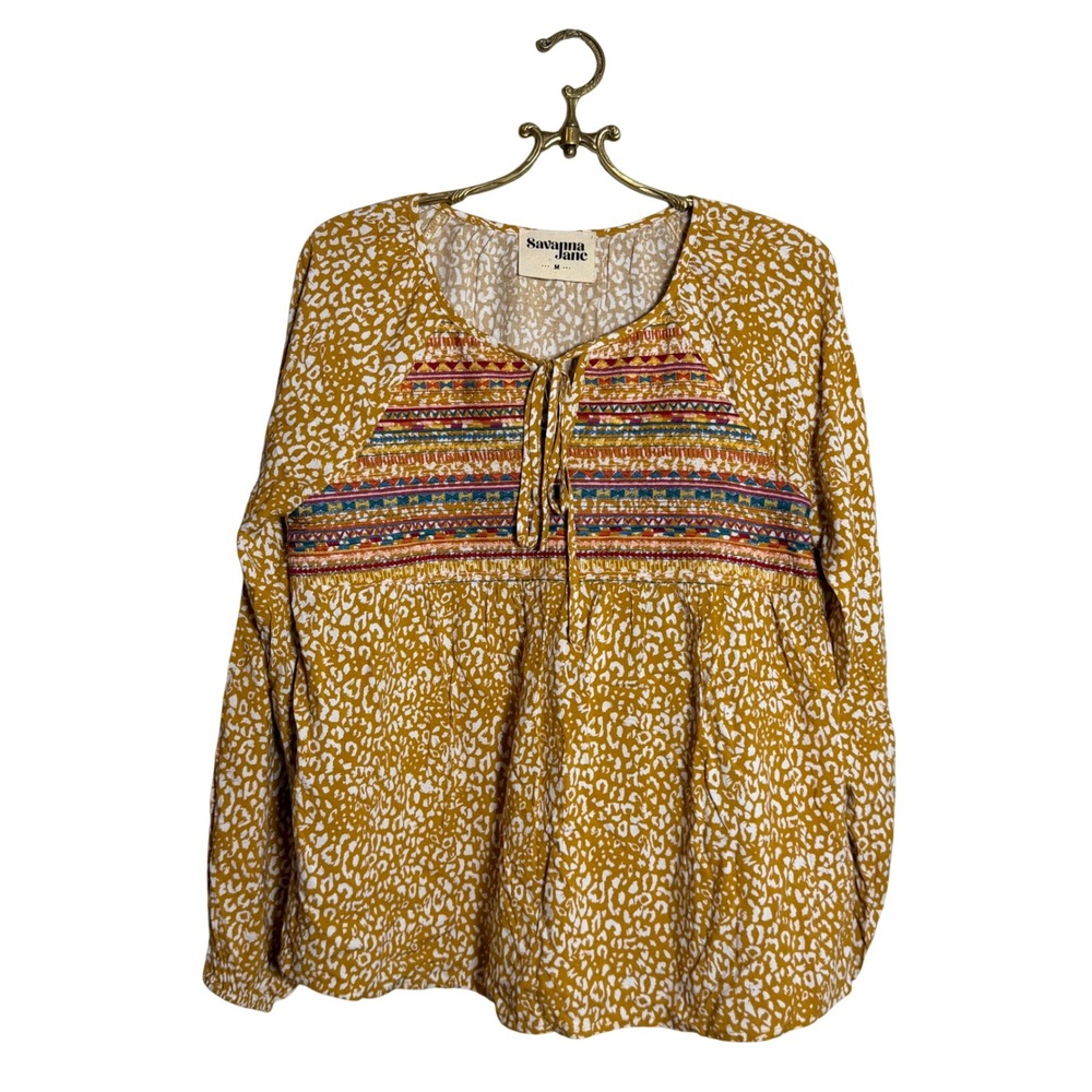 Savanna Jane Womens Medium Mustard Yellow Leopard Embroidered Tie Front Boho Top
